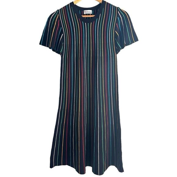 Red Valentino Short Sleeve Black Knit Rainbow Stripe Shift Dress - Picture 3 of 9